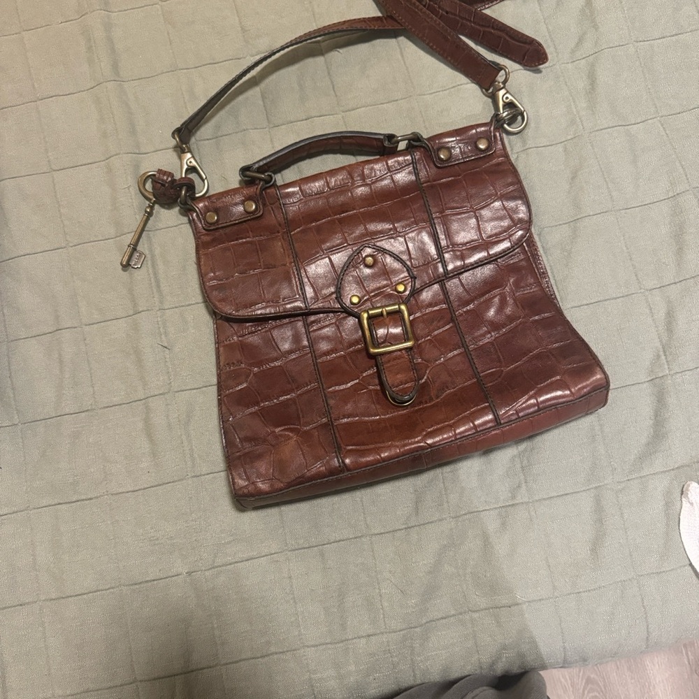 Vintage Fossil Croc-Embossed Brown Satchel